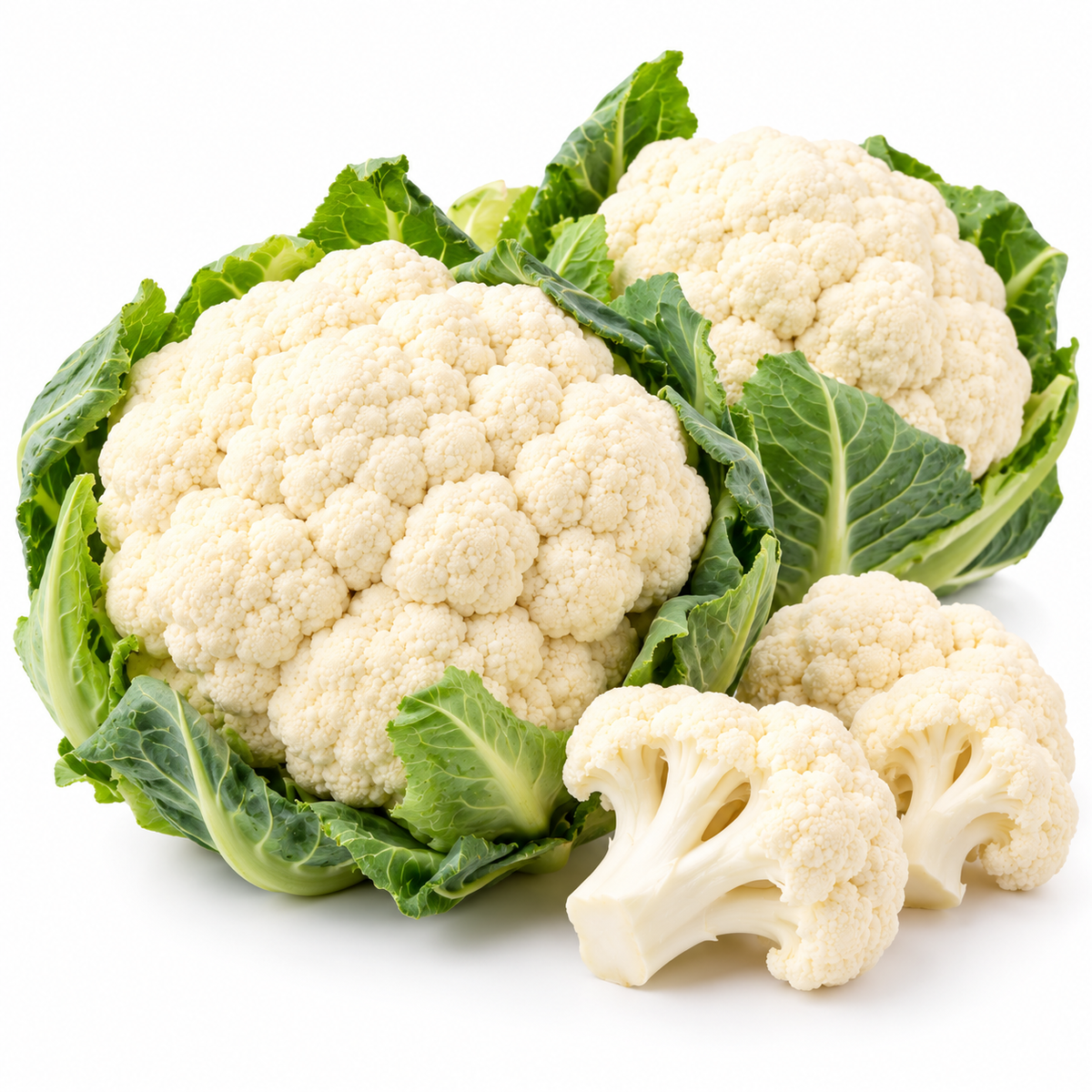Fresh white cauliflower (phool gobhi) with green leaves, whole heads and cut florets – Kart Basket